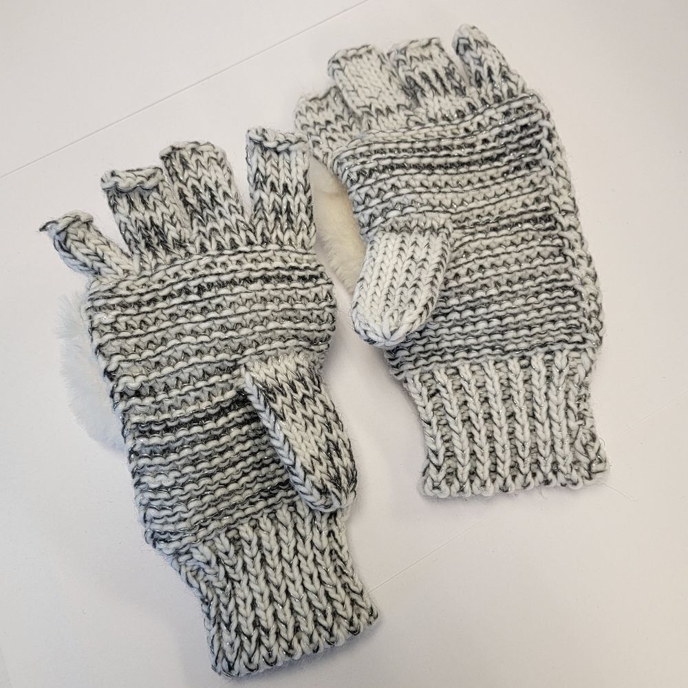 Totes Womens Finger Fingerless Mitten Gloves Adjustable Gray White One Size O/S